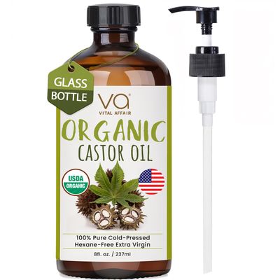 VITAL AFFAIR Castor Oil Organic Cold Pressed Unrefined Glass Bottle- USDA Certified Organic Castor Oil For Castor Oil Pack Wrap-Castor Oil For Skin, Hair Growth, Eyelashes, Eyebrows &amp; Nails-8 Fl Oz
