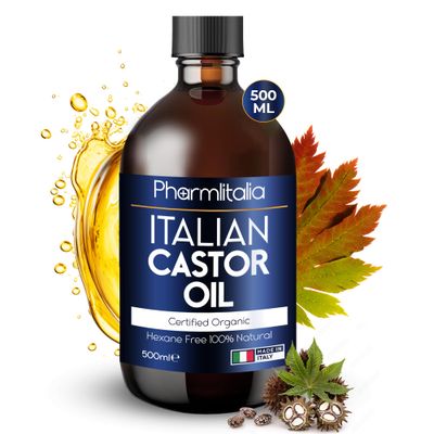 Pharmlitalia Organic Castor Oil Organic Cold Pressed Unrefined - Hexane free Golden Castor Oil for face, hairs, Eyelashes, Skin care and Nails - aceite de castor organico puro - 500ml