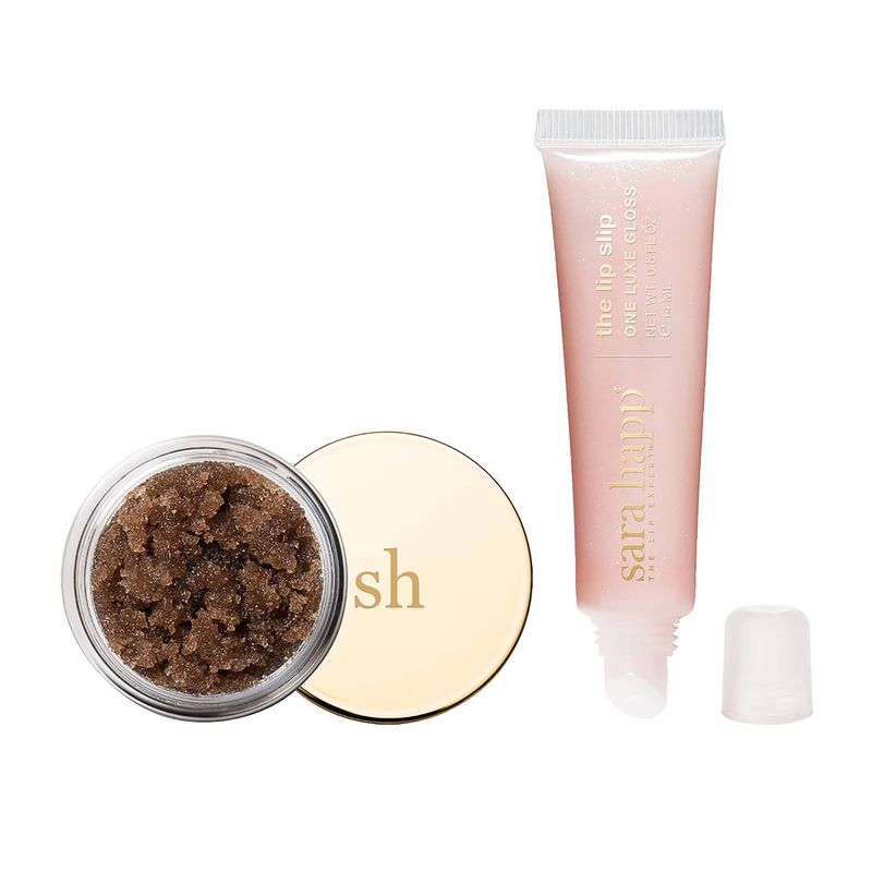 Sara Happ Let's Glow Lip Scrub &amp; Shine Kit: Brown Sugar Lip Scrub + The Lip Slip One Luxe Gloss for Healthy Lips: Gently Exfoliate, Nourish and Hydrate Lips, 0.5 oz