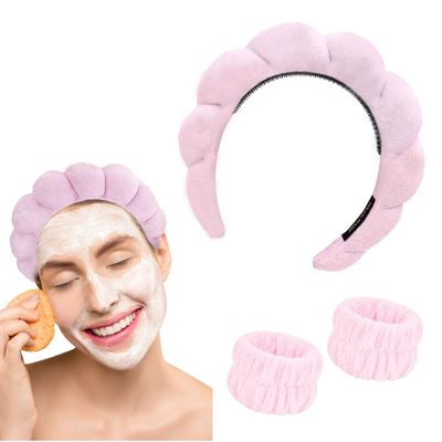 Spa Headband Wristbands Set for Women Face Washing, Soft &amp; Absorbent Hair Band Arm Band for Shower/Skincare/Makeup/Removal/Facial Mask, With Anti-Slip Strip Prevents Slipping (Pink Headband Wristband)