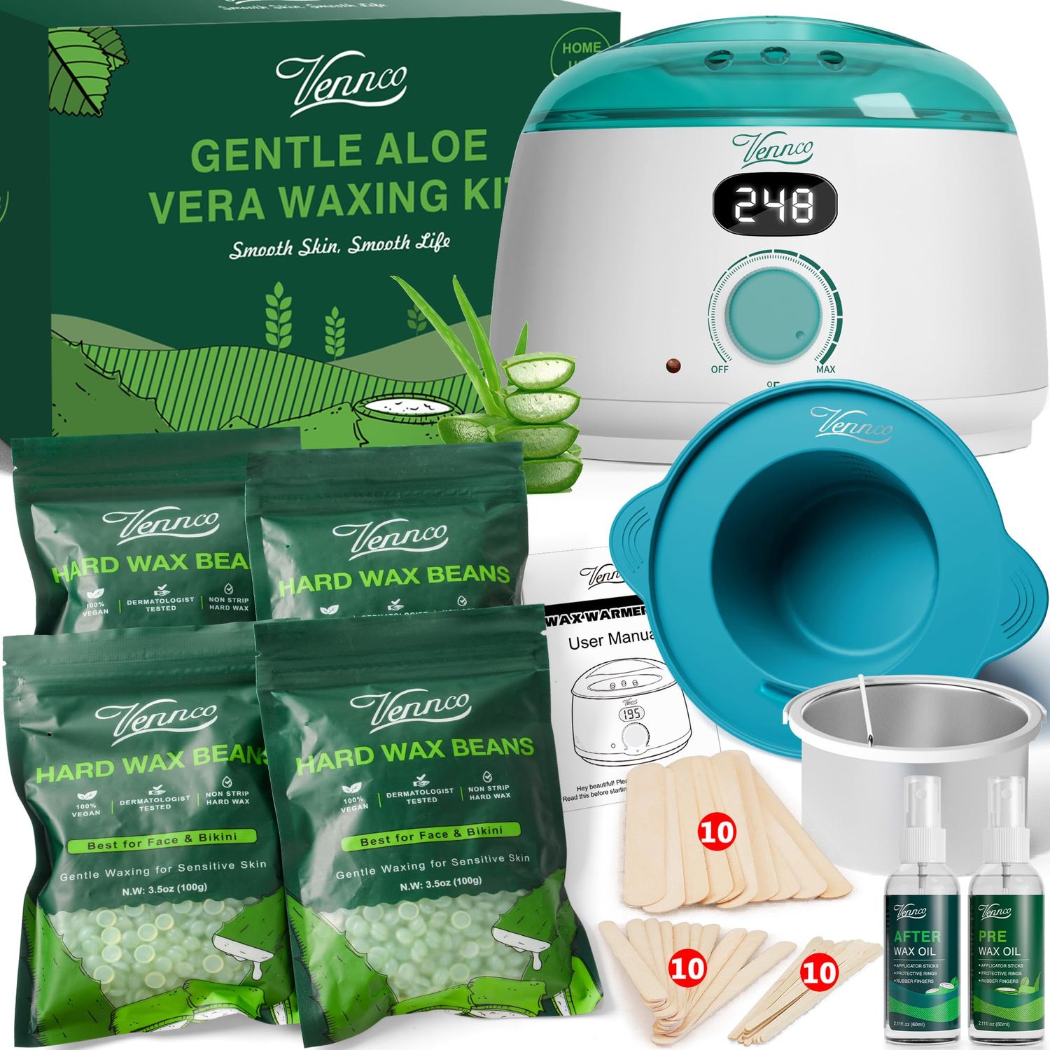 VENNCO Waxing Kit for Women Men - Premium Digital Wax Melt Warmer Kit for Sensitive Skin Coarse Hair Removal - 14oz Hard Wax Beads &amp; Silicone Liner - for Bikini Brazilian Body Face Leg - Home Wax Kit