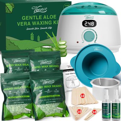 VENNCO Waxing Kit for Women Men - Premium Digital Wax Melt Warmer Kit for Sensitive Skin Coarse Hair Removal - 14oz Hard Wax Beads &amp; Silicone Liner - for Bikini Brazilian Body Face Leg - Home Wax Kit