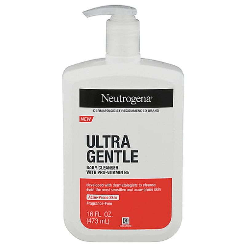 Neutrogena Ultra Gentle Daily Facial Cleanser with Pro-Vitamin B5 for Acne-Prone &amp; Sensitive Skin, Fragrance-Free, Dye-Free, Soap-Free, Paraben-Free &amp; Hypoallergenic Face Wash, 16 fl. oz