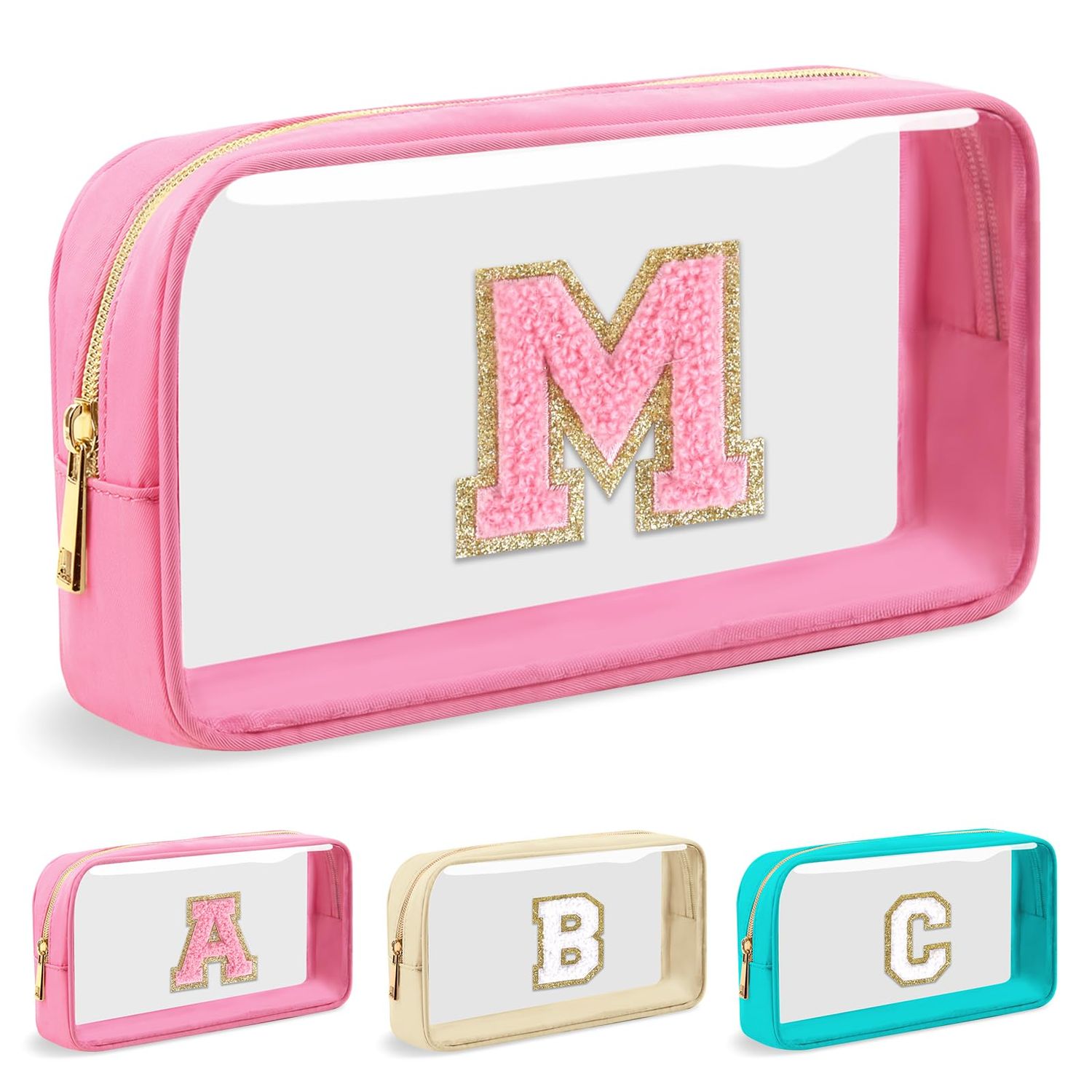 UIXIZQ Personalized Initial Letter Clear Makeup Bag,Preppy Small Nylon&amp;PVC Cosmetic Zipper Bag with Chenille Letter,Travel Skincare Toiletry Bag,Monogram Christmas Gift for Teen Girls Women,M