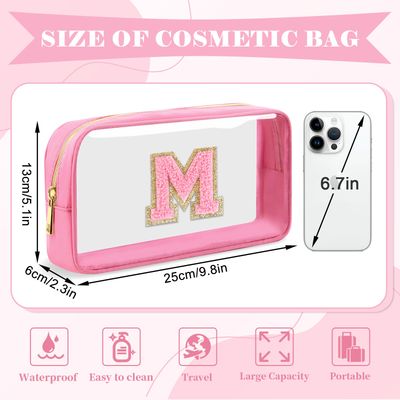 UIXIZQ Personalized Initial Letter Clear Makeup Bag,Preppy Small Nylon&amp;PVC Cosmetic Zipper Bag with Chenille Letter,Travel Skincare Toiletry Bag,Monogram Christmas Gift for Teen Girls Women,M