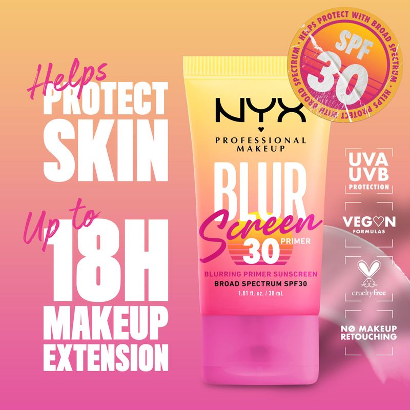 NYX PROFESSIONAL MAKEUP Blurscreen SPF 30 Primer, 3-in-1 Blurring Makeup Primer with Sunscreen, Vegan Formula with No White Cast or Greasy Feeling