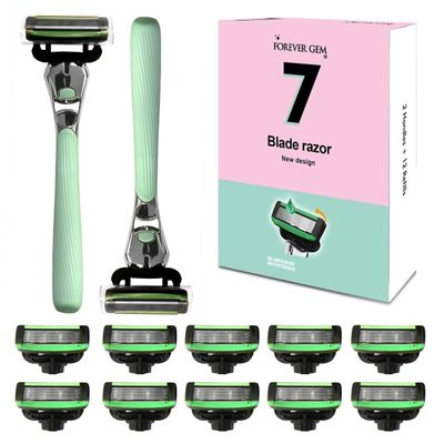 Razors for Women - 7 Blade Women&#39;s Razors for Sensitive Skin - Shaving Kit Includes 2 Rubber Handles &amp; 14 Lubricating Strip Cartridges - Pubic Hair Razor for Women &amp; Girls with 14 Blade Refills