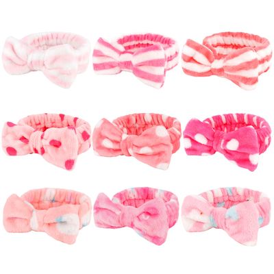 WHAVEL 9 Pack Pink Microfiber Hairband for Washing Face, Makeup Headband Skincare Headbands with Cute Bow, Fluffy Face Wash Headband for Women