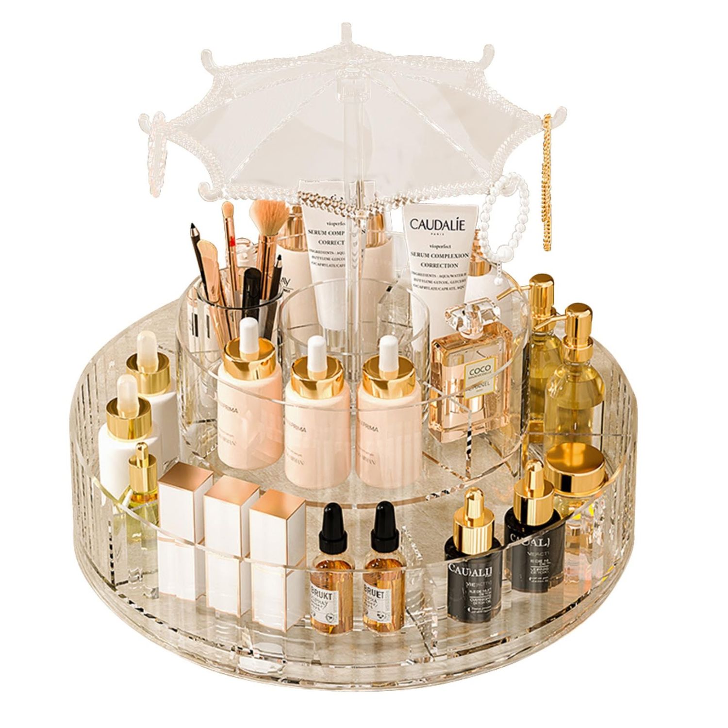 Makeup Organizer Countertop,360 Rotating Skin Care Organizers,Umbrella Hook Design,Large Capacity Cosmetics Storage for Perfume Vanity,Dresser Bathroom,Fits Jewelry, Brushes,Lipsticks,Clear