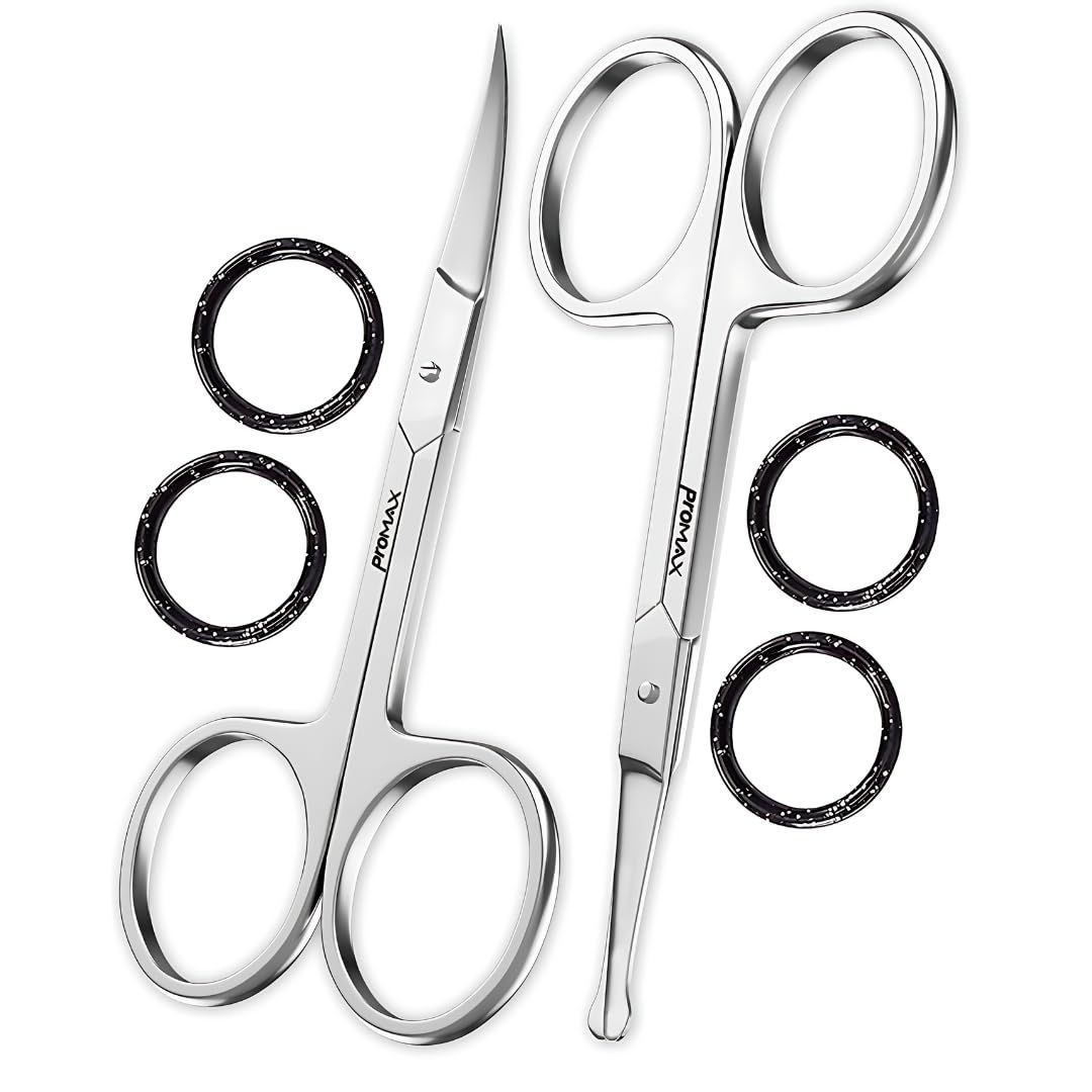 ProMax Care Eyebrow Scissors, Small Scissors for Men and Women - Curved and Rounded Nose Hair Scissors for Grooming Mustache, Beard, Eyelashes, Ear Hair Trimming- Professional Stainless Steel -