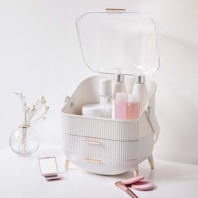 Navaris Makeup Organizer Storage Box - Cosmetics, Skincare and Beauty Case with Clear Lid Display and 2 Drawers - Bathroom Counter or Vanity - White