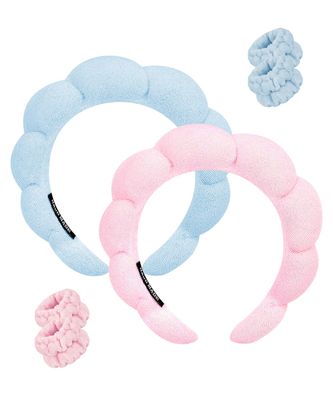 Ocoullow Spa Headbands for Washing Face - 2 Pack Skincare Headbands and Wristband Set for Women Girls - Puffy Makeup Headbands for Face Washing, Makeup Removal (Pink &amp; Blue)