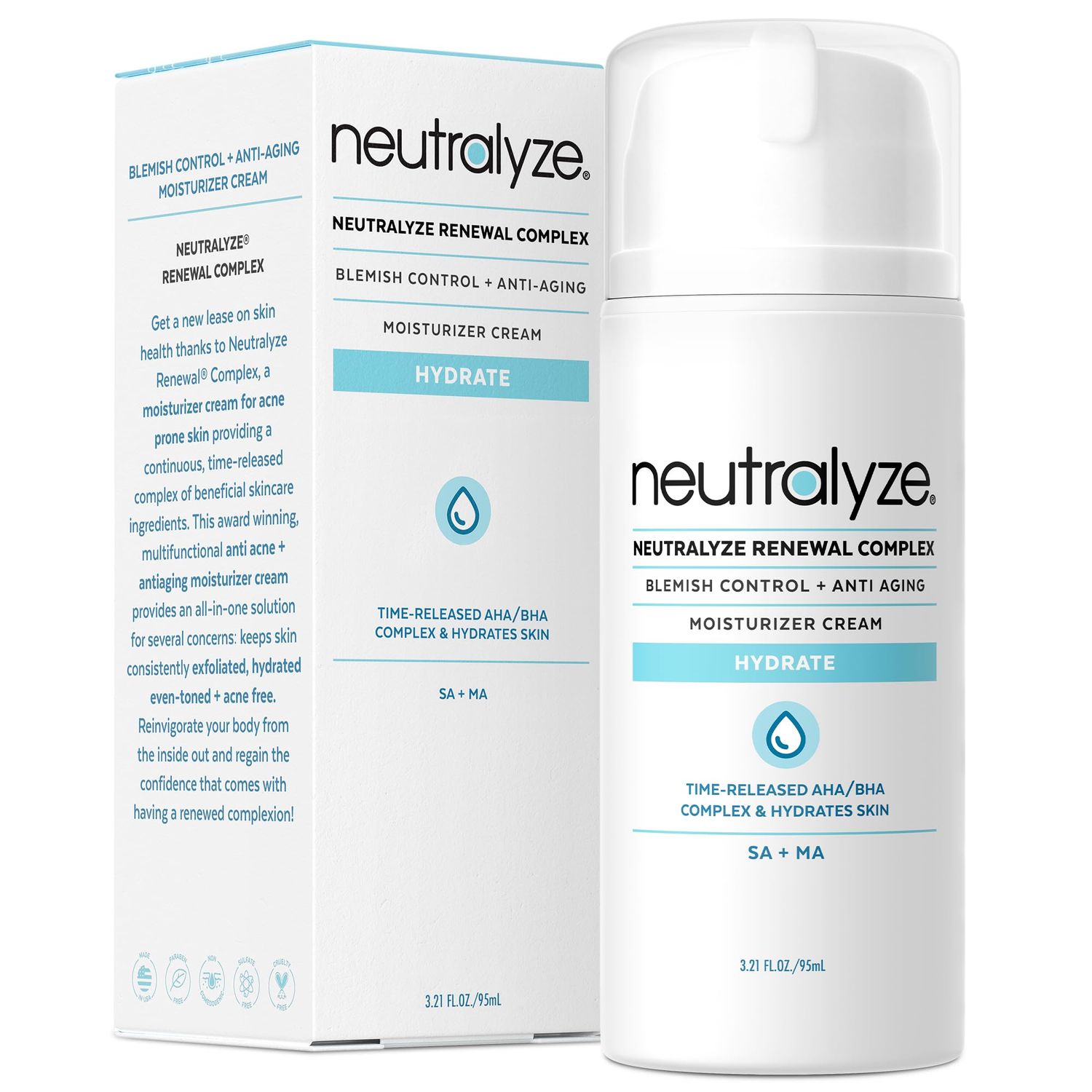Neutralyze Renewal Complex Acne Moisturizer for Face &amp; Body - Time Released, Medical Grade 2% Mandelic Acid &amp; Salicylic Acid Moisturizer Cream - Facial Moisturizer for Acne Prone Skin (90+ Day)