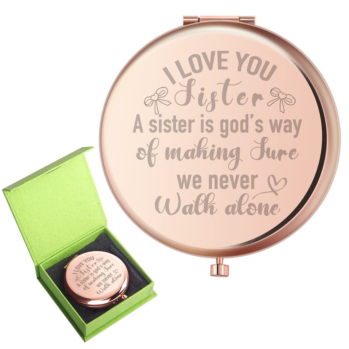 z-crange Gifts for Sister,A Sister is God&#39;s Way of Making Sure We Never Walk Alone Rose Gold Compact Mirror for Niece,Unique Graduate Birthday Gifts for Sister from Sister Brother