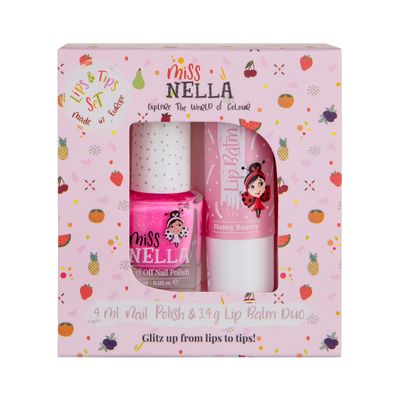 MISS NELLA Nail Polis + Lip Balm set- Special Pink Glitter Nail Polish for Kids- WATERMELON POPSICLE, with Peel-off, Water Based &amp; Odour Free Formula + HONEY BUNNEY pink hypoallergenic lip balm
