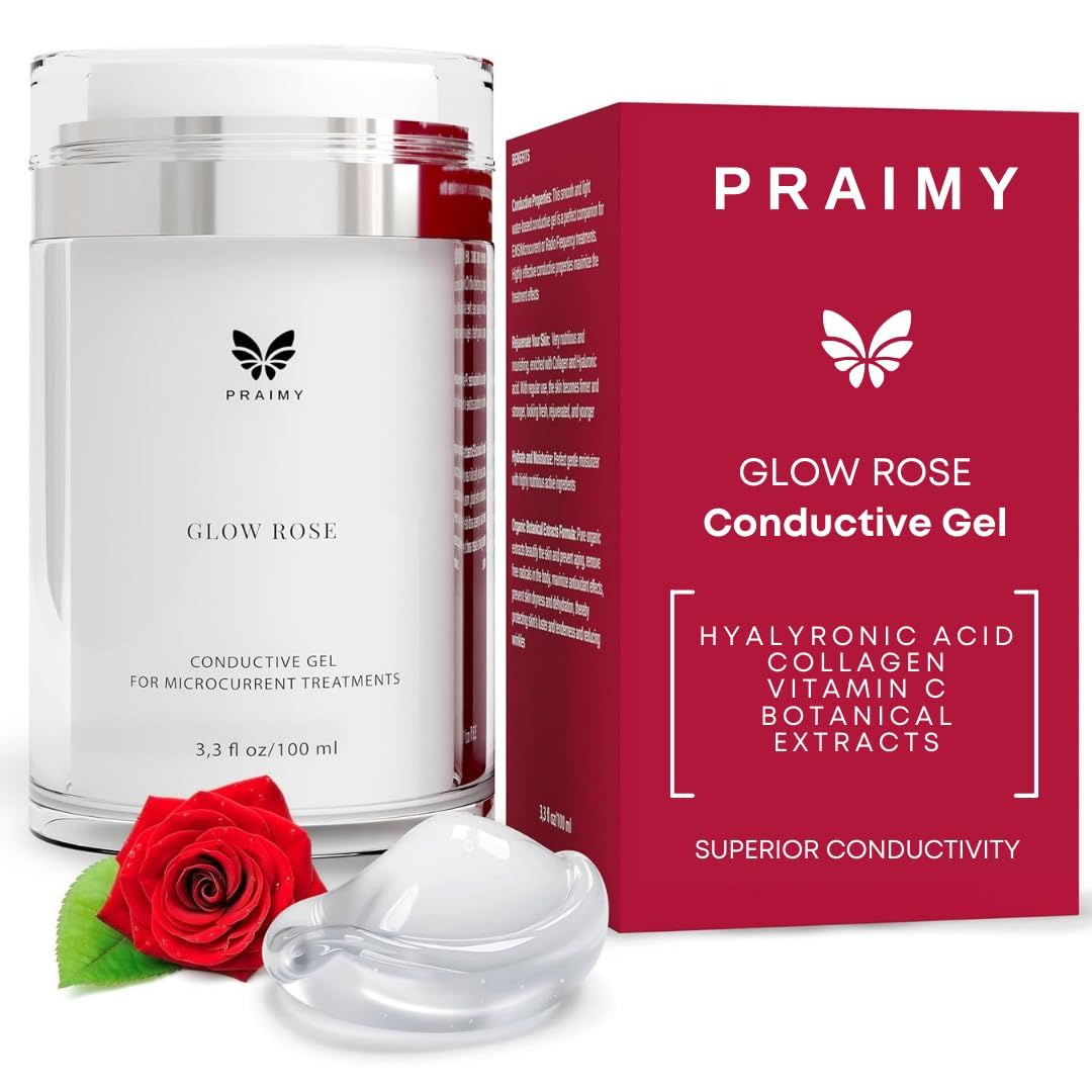 PRAIMY GLOW ROSE Professional Microcurrent Conductive Gel for Face | Facial RF Treatment Microcurrent Activator with Hyaluronic Acid, Collagen &amp; Vitamin C for All Devices NuFace, FOREO, ZIIP (3.3oz)