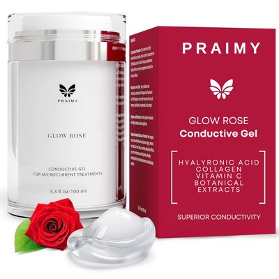 PRAIMY GLOW ROSE Professional Microcurrent Conductive Gel for Face | Facial RF Treatment Microcurrent Activator with Hyaluronic Acid, Collagen &amp; Vitamin C for All Devices NuFace, FOREO, ZIIP (3.3oz)