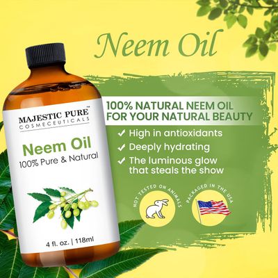 Majestic Pure Neem Oil for Plants Spray and Essential Oils Mixing, 100% Pure Cold Pressed, Great for Skin/Hair Care, Massage Oil, Nails, Acne &amp; Moisturizer for Dry Skin, 4 Fl Oz