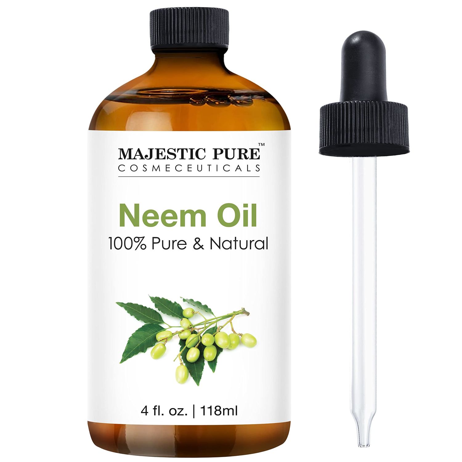 Majestic Pure Neem Oil for Plants Spray and Essential Oils Mixing, 100% Pure Cold Pressed, Great for Skin/Hair Care, Massage Oil, Nails, Acne &amp; Moisturizer for Dry Skin, 4 Fl Oz
