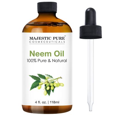 Majestic Pure Neem Oil for Plants Spray and Essential Oils Mixing, 100% Pure Cold Pressed, Great for Skin/Hair Care, Massage Oil, Nails, Acne &amp; Moisturizer for Dry Skin, 4 Fl Oz