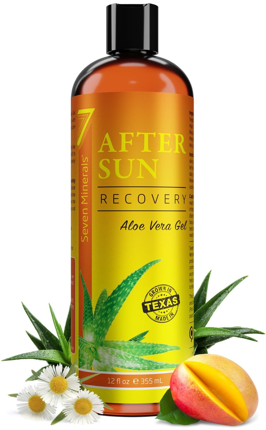 NEW Recovery After Sun Gel with Aloe Vera - For Skin &amp; Face with Instant Sunburn Relief. Unlike Regular Aftersun Lotion, Ours Is Made From Freshly Cut Texas Aloe. With Mango &amp; Chamomile (12 Fl Oz)