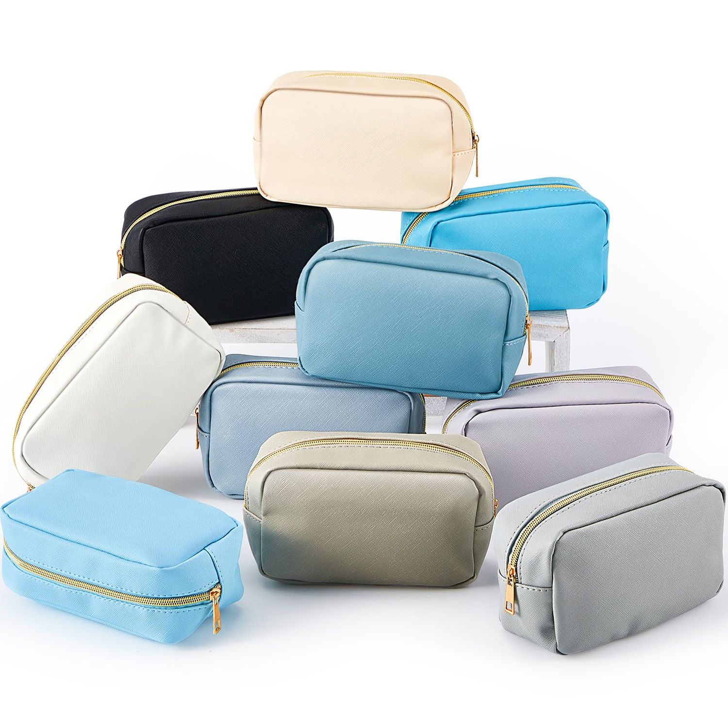 Sweetude 10 Pcs Preppy Makeup Bag Bulk Cosmetic Bag Valentine&#39;s Day Gift Return Gifts for Women DIY Toiletry Bag Birthday Gift PU Leather Skincare Pouch Small Makeup Bag(Gray Blue)