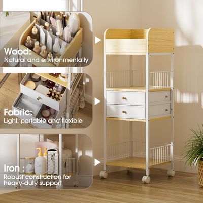 TidyStash Makeup Organizer Cart with Drawers, Rolling Bathroom Organizers and Storage- Versatile Skincare &amp; Perfume Storage Vanity Organizer, Natural Wood &amp; White Iron