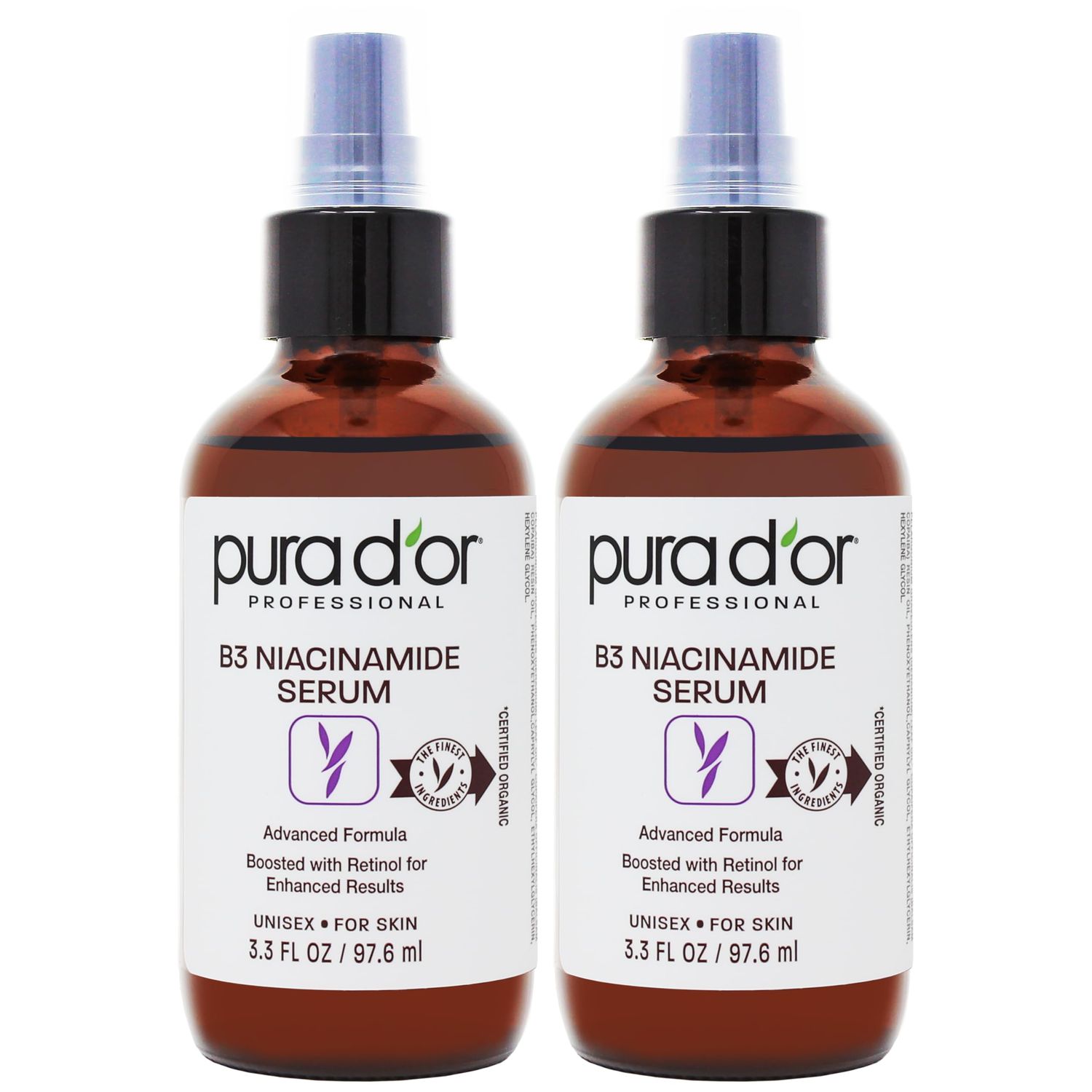 PURA D'OR B3 Niacinamide Advanced Facial Serum (3.3oz x2 = 6.6oz) Skin Brightening Anti-Aging Formula with Retinol For Wrinkles, Hydration &amp; Complexion - All Skin Types, Hypoallergenic - Women &amp; Men