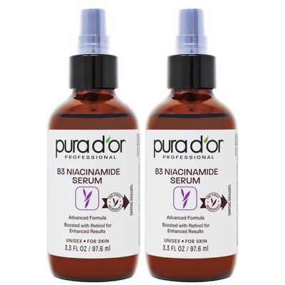 PURA D&#39;OR B3 Niacinamide Advanced Facial Serum (3.3oz x2 = 6.6oz) Skin Brightening Anti-Aging Formula with Retinol For Wrinkles, Hydration &amp; Complexion - All Skin Types, Hypoallergenic - Women &amp; Men