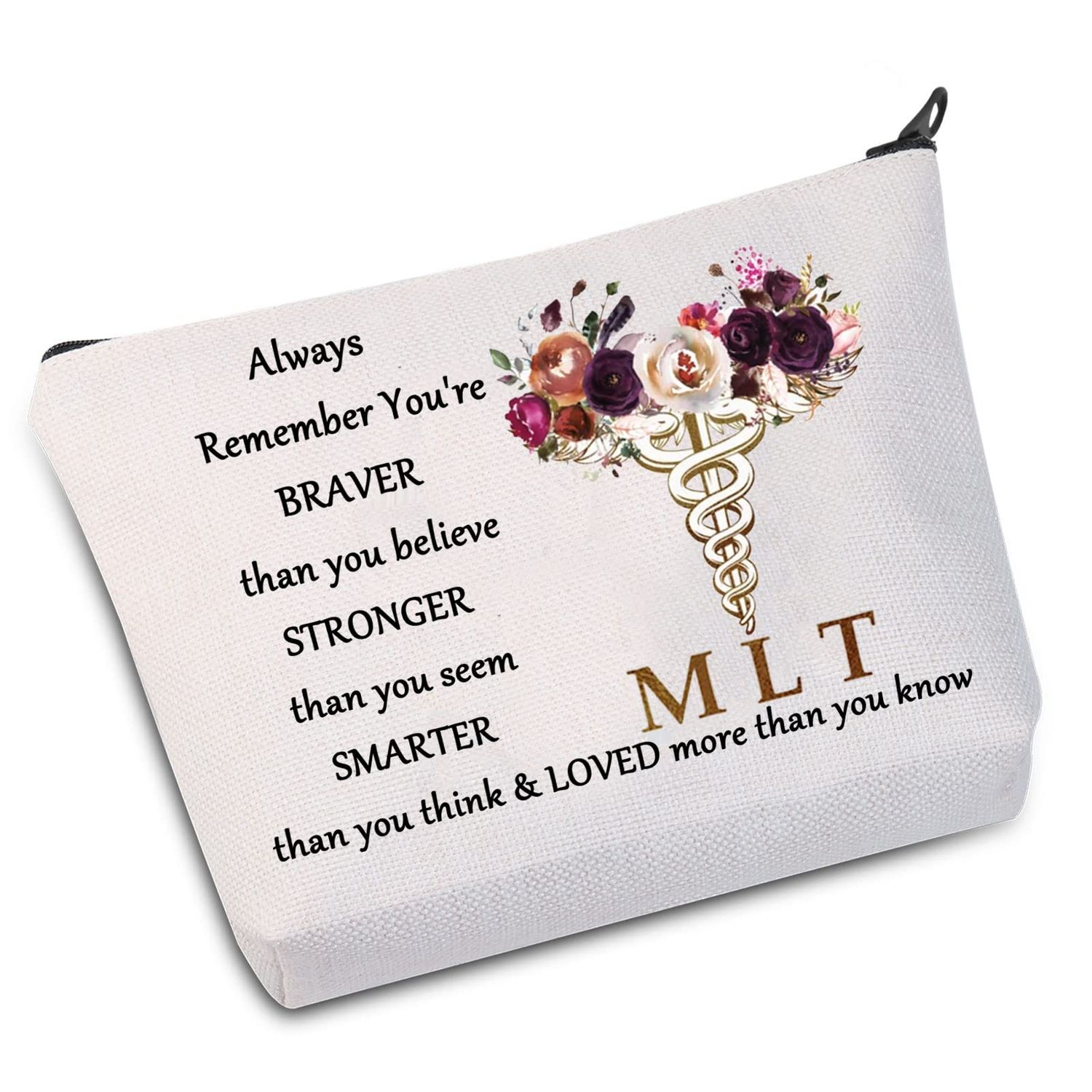 WZMPA Medical Lab Tech Caduceus Cosmetic Makeup Bag Medical Laboratory Technician Gift You Are Braver Stronger Smarter Than You Think MLT Makeup Zipper Pouch Bag For Medical Technologist (Always MLT)