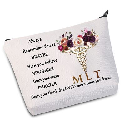 WZMPA Medical Lab Tech Caduceus Cosmetic Makeup Bag Medical Laboratory Technician Gift You Are Braver Stronger Smarter Than You Think MLT Makeup Zipper Pouch Bag For Medical Technologist (Always MLT)