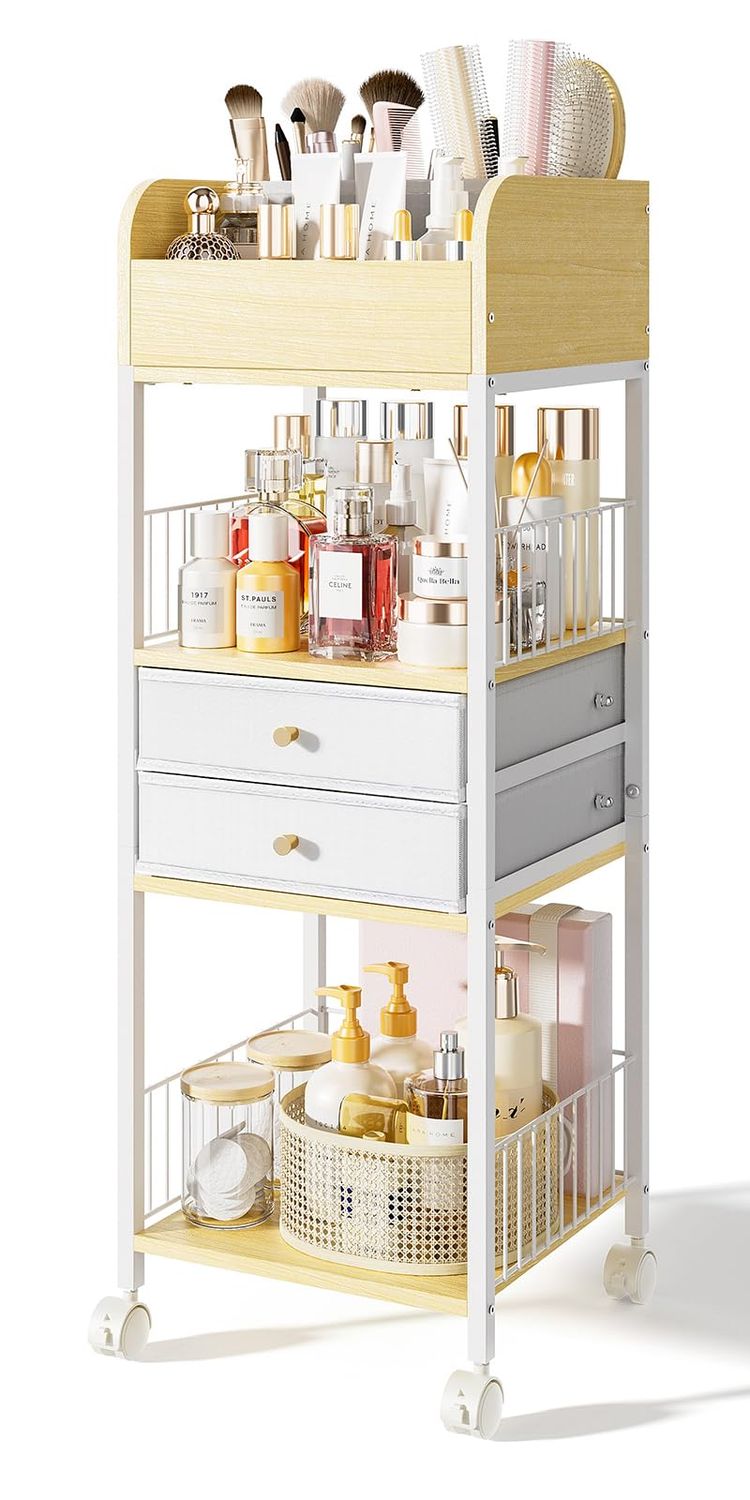 TidyStash Makeup Organizer Cart with Drawers, Rolling Bathroom Organizers and Storage- Versatile Skincare &amp; Perfume Storage Vanity Organizer, Natural Wood &amp; White Iron