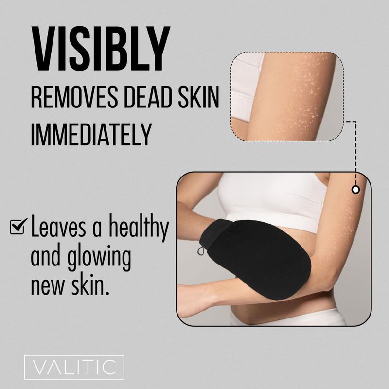 Valitic Exfoliating Glove Body Scrubber - Exfoliating Mitt Dead Skin Remover, Shower Face and Body Exfoliator - Korean Style Skin Scrubber Washcloth - Spray and Self Tan Remover, Pair Black