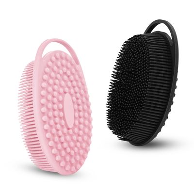 RSMKRH 2pcs Silicone Body Scrubber, 2-in-1 Shower Brush Shampoo Brush, Gentle Exfoliating Body Scrubber, Scalp Massager, Rich Foam, Long Lasting, Suitable for Sensitive Skin(Black+Pink)
