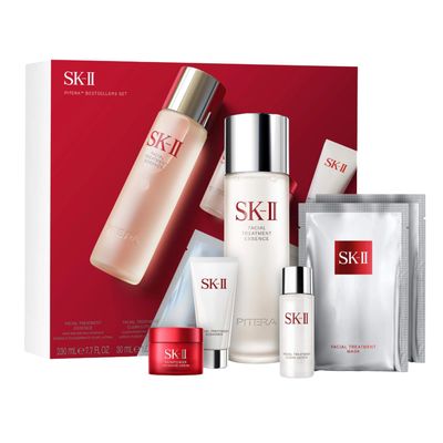 SK-II Best Sellers Skincare Gift Set - Anti Aging Skincare Set Includes Full Size Facial Essence, Travel Size Cleanser, Toner &amp; Face Cream &amp; 2 Sheet Masks (6 Count)