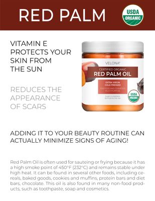 velona USDA Certified Organic Red Palm Oil 8 Fl Oz | Food and Cosmetic Grade | in jar | Extra Virgin, Cold Pressed | Skin, Face, Body, Hair Care | Use Today - Enjoy Result