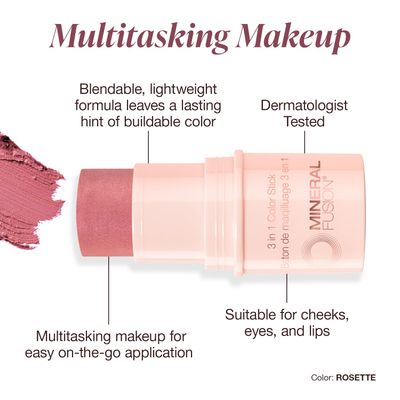 Mineral Fusion 3-in-1 Color Stick, Instant Color Pop and Blush for Cheeks, Creamy Lightweight Formula, Multi-Use Eye, Face, and Lip Makeup, Rosette