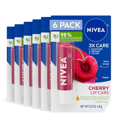 NIVEA Cherry Lip Care, Tinted Lip Balm with Shea Butter, Nourishing Oils and Vitamin C &amp; E, 3-in-1 Moisture, Repair (for Dry Lips) and Color, 0.17 Oz Stick (Pack of 6)