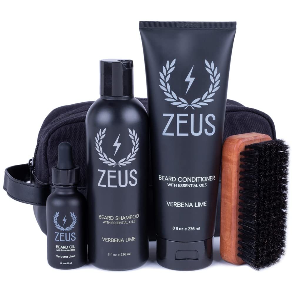 ZEUS Deluxe Beard Wash &amp; Grooming Kit with Travel Toiletry Dopp Bag, Natural Beard Oil, Beard Wash Combo, Beard Brush &amp; Travel Toiletry Bag (Verbena Lime)
