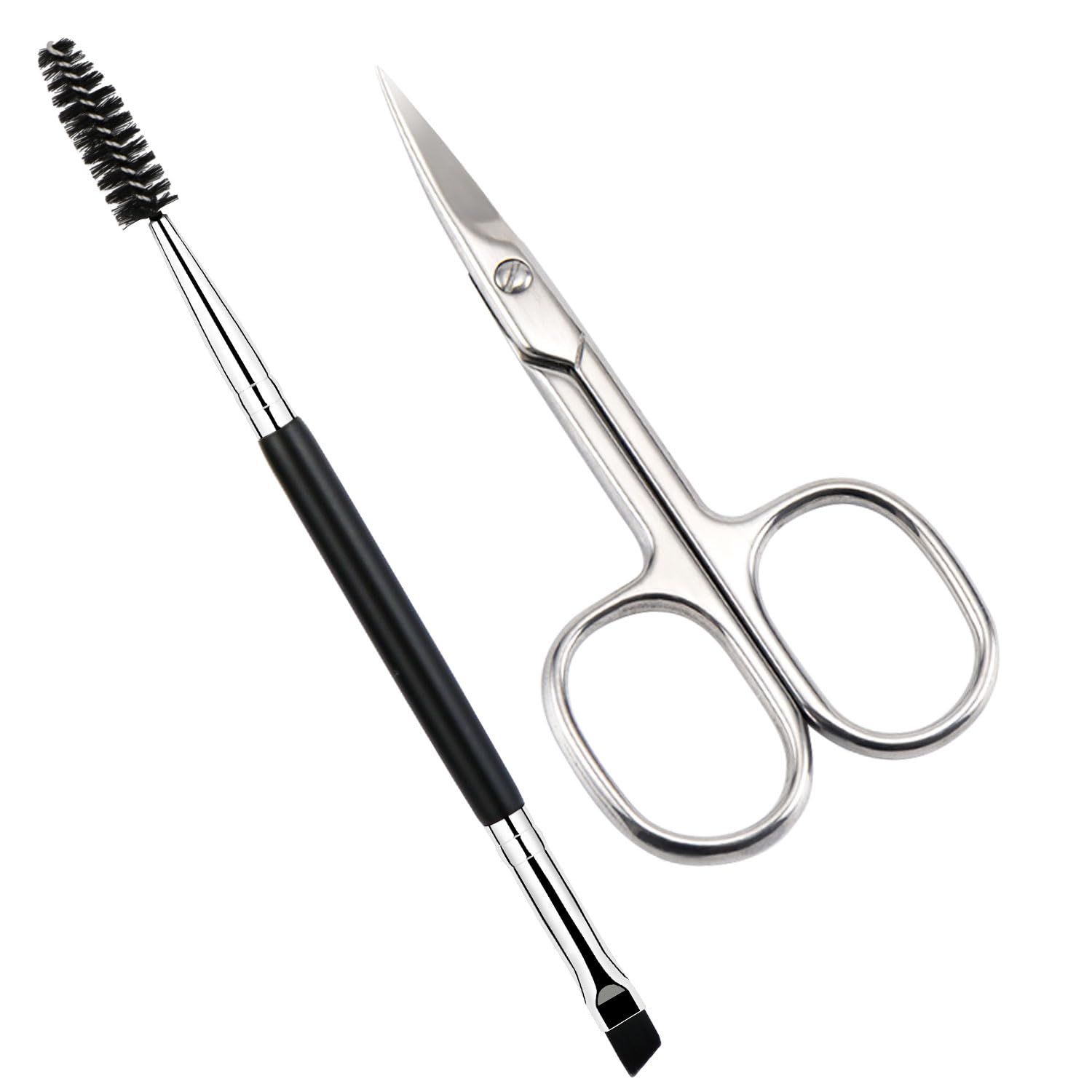 Lovinee Eyebrow Scissors and Eyebrow Brush, Shaping Curved Craft Stainless Steel Scissors for Eyebrow Eyelash Extensions