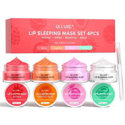 Lip Sleeping Mask Set 4 Piece, Overnight Lip Mask with Vitamin C, Hyaluronic Acid for Nourishing and Hydrating, Valentine&#39;s Day Gift for Women, Lip Balm for Flaky, Dry Lips, Moisturizing Lip Butter