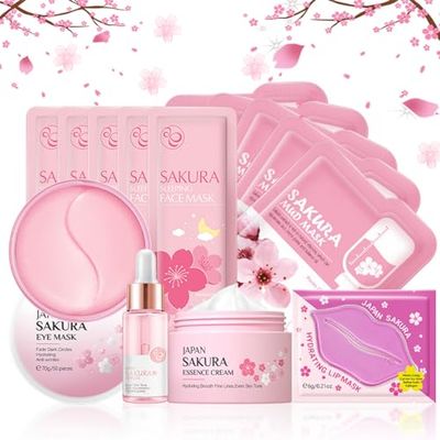 Skin Care Set,Cherry Blossom Skin Care Sets &amp; Kits, Skin Care Kit For Women &amp; Girls,Skincare Gift Set With Serum,Face Cream,Sleep Mask,Eye Mask,Mud Mask,Lip Mask Japanese Skincare Products