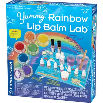 Thames &amp; Kosmos Yummy Rainbow Lip Balm Lab STEM Kit | Make Lip Balms, Glosses | Strawberry, Grape, Banana Flavors &amp; Cosmetic Jars | Chemistry &amp; Biology of Skin Care | 2-Language (EN/FR)