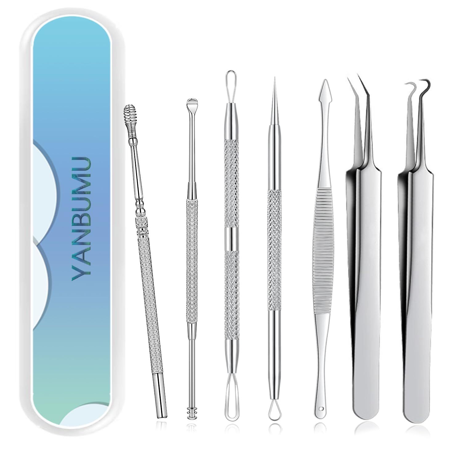 YANBUMU Black Head Remover for face, Blackhead Remover Tools Tweezers, 7pcs Stainless steels Pimple Popper Tool kit Risk Free Treatment for Blemish, Zit, Blackhead Extractor +2pcs Earwax Removal kit