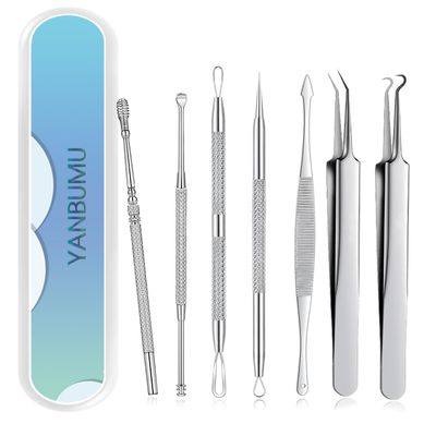 YANBUMU Black Head Remover for face, Blackhead Remover Tools Tweezers, 7pcs Stainless steels Pimple Popper Tool kit Risk Free Treatment for Blemish, Zit, Blackhead Extractor +2pcs Earwax Removal kit