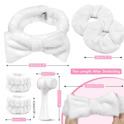 my novel things Spa Headband for Washing Face, Skincare headband and wristband set, Facial Cleansing Brush, 2-in-1 Skin Care face Brush, Come with a Hair Scrunchie, For Massaging Makeup Skincare-White