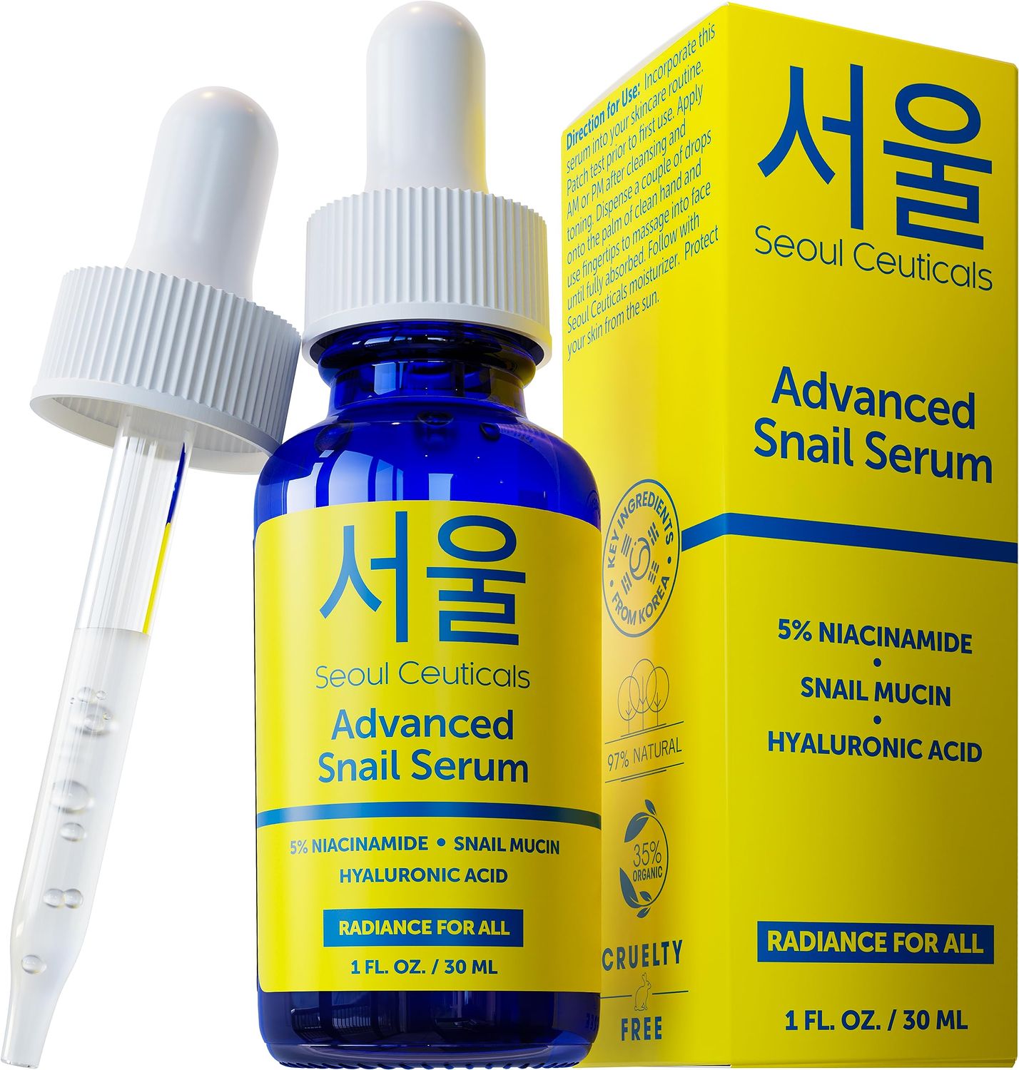 SeoulCeuticals Korean 5% Niacinamide + Snail Mucin 97.5% Essence Serum + Hyaluronic Acid, Cruelty Free Korean Skin Care, Natural &amp; Organic Anti Aging Face Serum for Dull Skin, K Beauty 1oz