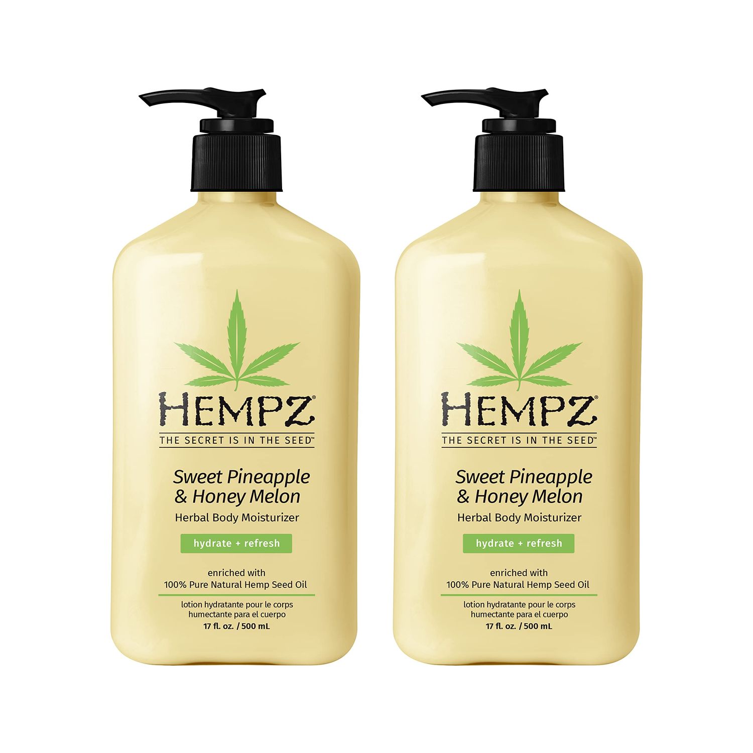 Hempz Body Lotion - Sweet Pineapple &amp; Honey Melon Daily Moisturizing Cream, Shea Butter, Aloe, Orange Extract Body Moisturizer - Skin Care Products, Hemp Seed Oil - 17 fl oz, 2-Pack Bundle