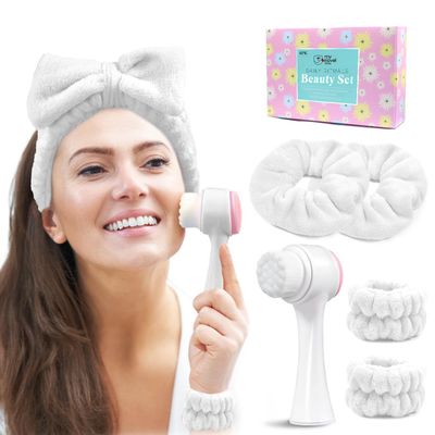 my novel things Spa Headband for Washing Face, Skincare headband and wristband set, Facial Cleansing Brush, 2-in-1 Skin Care face Brush, Come with a Hair Scrunchie, For Massaging Makeup Skincare-White