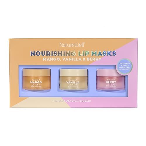 NATURE WELL Hydrating Lip Masks Variety Pack, Includes Mango, Vanilla &amp; Berry Scents, High-Shine, Non-Greasy, Conditioning &amp; Softening, 0.70 Ounce (Pack of 3)